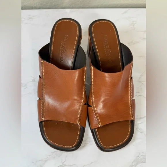 Cole Haan Brown Leather Square Toe Block Heel Sandals Size 7B - Picture 3 of 8